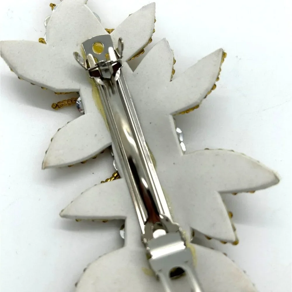 Floral Hair Barrette Bridal Prom Formal Gold-Tone Beaded & Silvertone Sequin - Picture 8 of 10